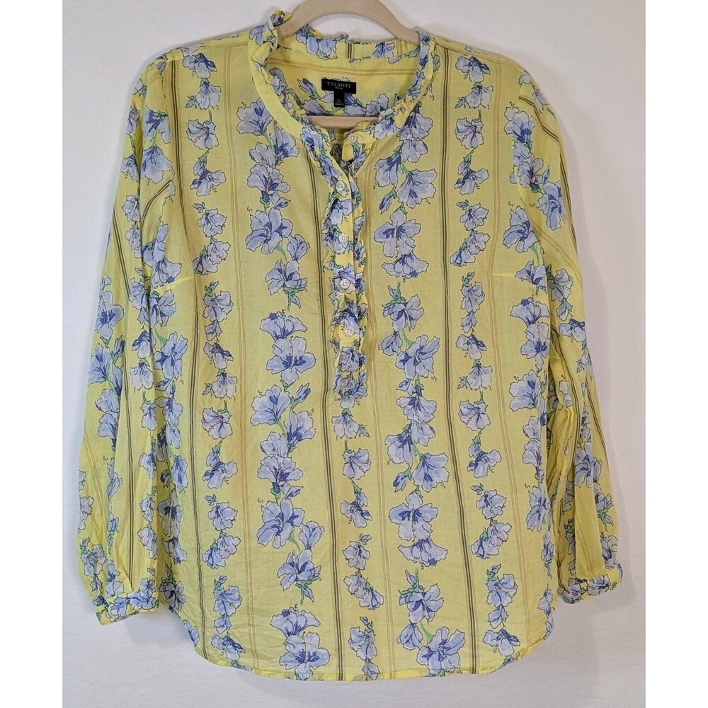 Talbots Petite Large Yellow Floral Stripe Cotton Ruffle Henley Blouse Top